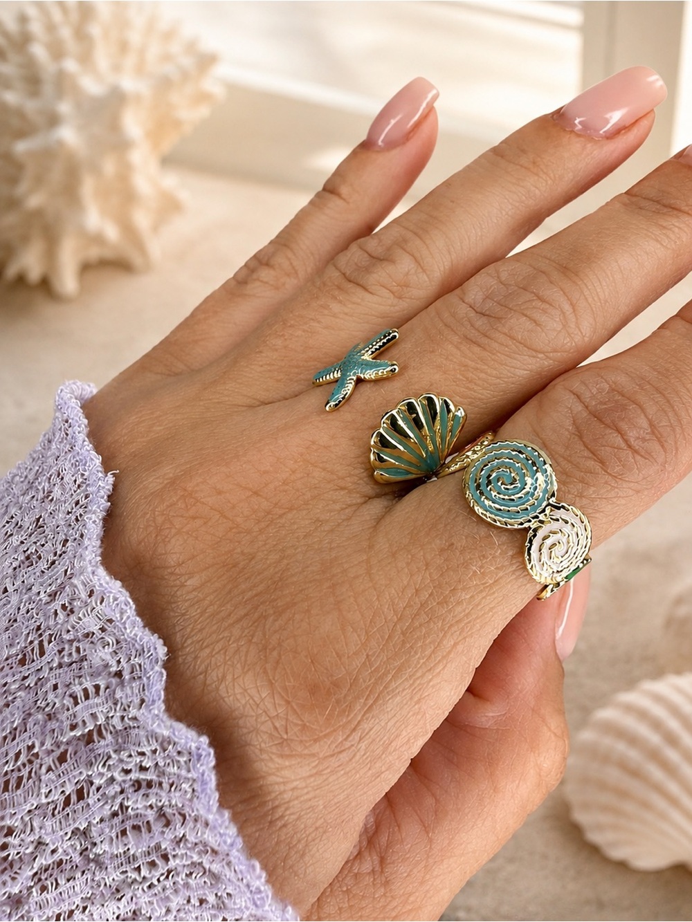 Gold Turquoise Shell & Starfish Adjustable Rings - Picture 4 of 5